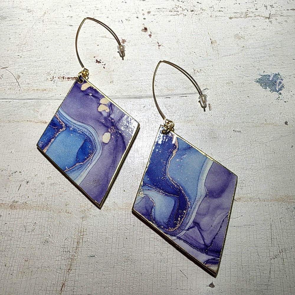 Handmade Abstract Wood Statement Earrings OOAK Blurple Gold‎ Metallic Dangles - Picture 3 of 7